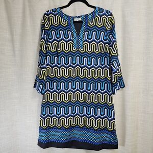 Crown & Ivy  Multicolored Long Sleeve  V-Neck Polyester Shift Dress-Size: 8